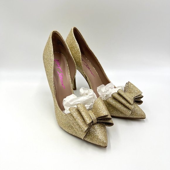 Betsey Johnson Womens Size 6.5 Gold Bow Pointed Stiletto Dress Heels Pumps Shoes - Picture 1 of 12